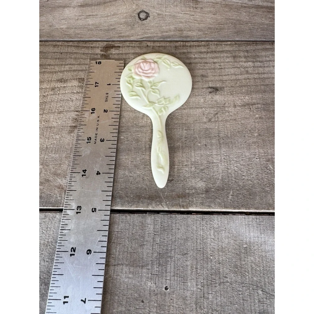 ANTIQUE CERAMIC HAND MIRROR ROSE STEM‎ LEAVES CHILD VANITY DOLL VINTAGE OLD
